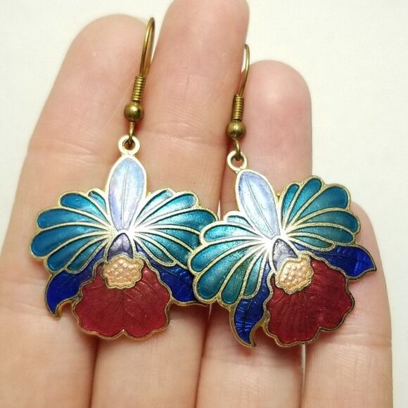 Vintage Colorful Enamel Floral Dangle Earrings, Tropical Flowers, Blue Red - Picture 1 of 6